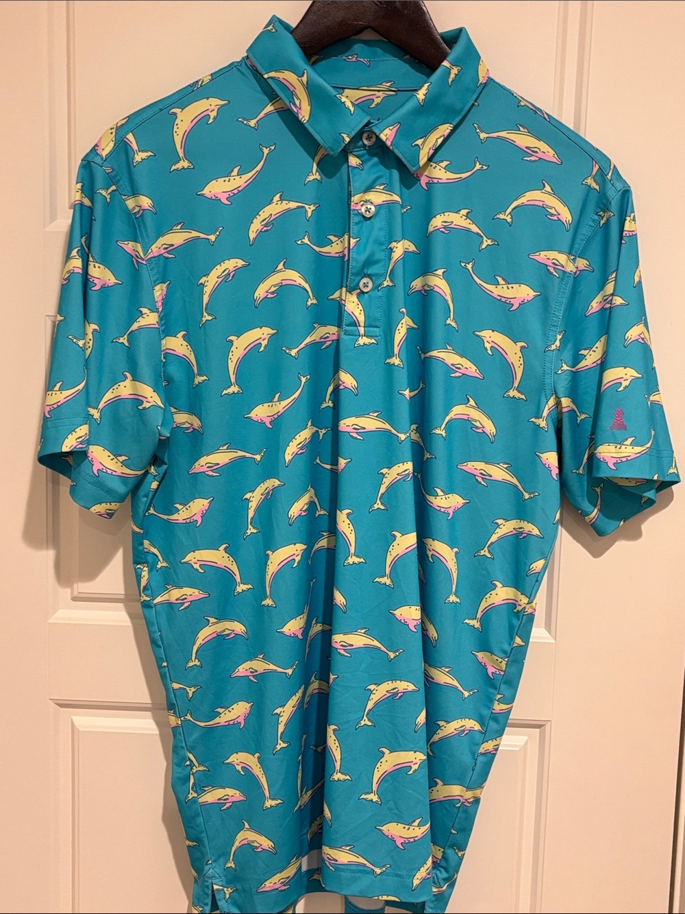 Chubbies Teal Polo with Yellow & Pink Dolphin Print sz M